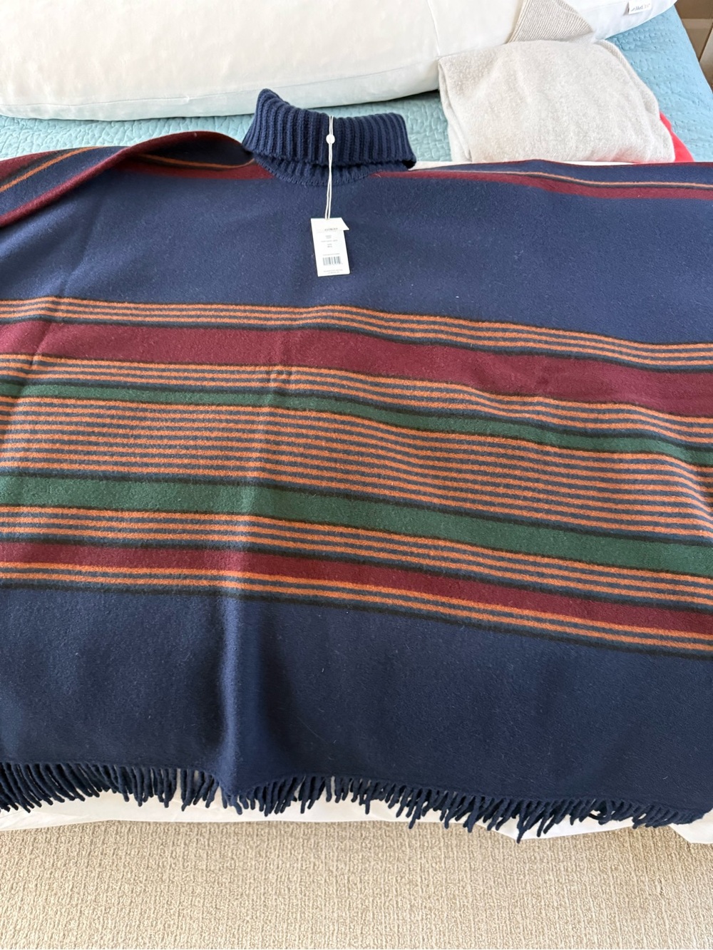 Tory Burch Navy Turtleneck Sweater with Burgundy, Green & Rust Stripes
